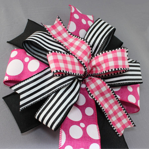 Black and Pink Ribbon Collection Striped Hair Bow - Bows Etc.