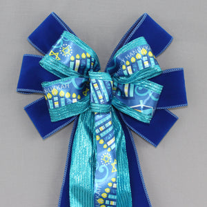 Happy Hanukkah Royal Blue Wreath Bow