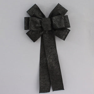 Black Floral Embossed Weatherproof Christmas Wreath Bow - Christmas Decorations, Halloween Wreath Bows, Weatherproof Bows