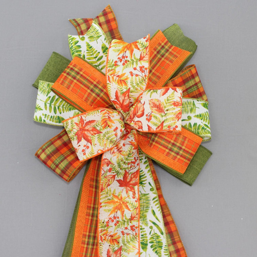 Vibrant Maple Leaves Fern Plaid Wreath Bow - Fall Wreath Bow, Plaid Wreath Bow