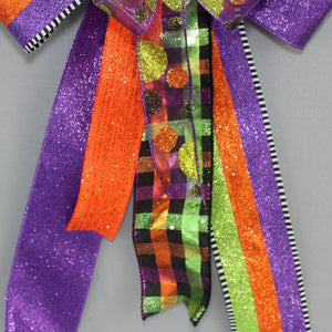 Halloween Metallic Sparkle Dot Plaid Wreath Bow - Halloween Wreath Bow, Frotn Door Wreath Bow