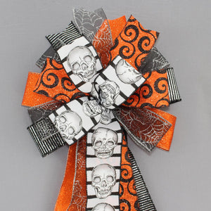 Halloween Skull Orange Sparkle Swirl Wreath Bow - Halloween Wreath Bow, Front Door Wreath Bow