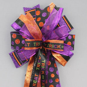 Trick or Treat Metallic Sparkle Halloween Wreath Bow - Halloween Wreath Bow, Front Door Wreath Bow