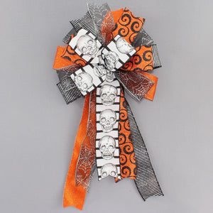 Halloween Skull Orange Sparkle Swirl Wreath Bow - Halloween Wreath Bow, Front Door Wreath Bow