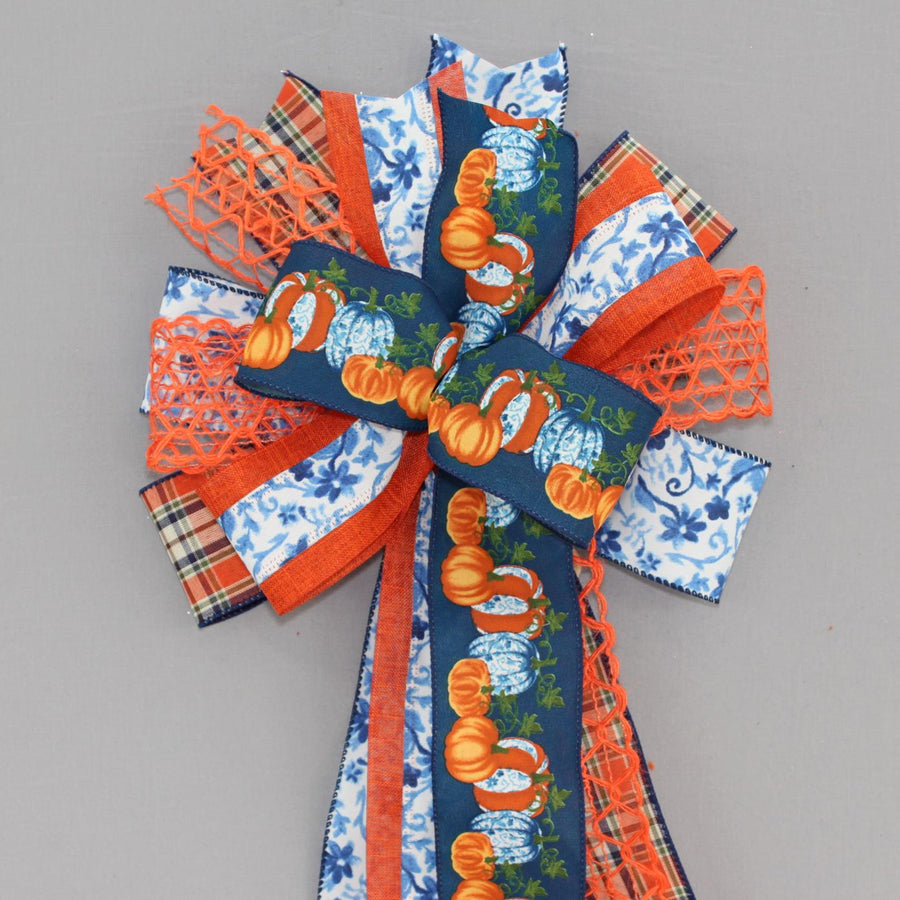 Blue Toile Pumpkins Jute Fall Wreath Bow - Fall Wreath Bow, Pumpkin Wreath Bow