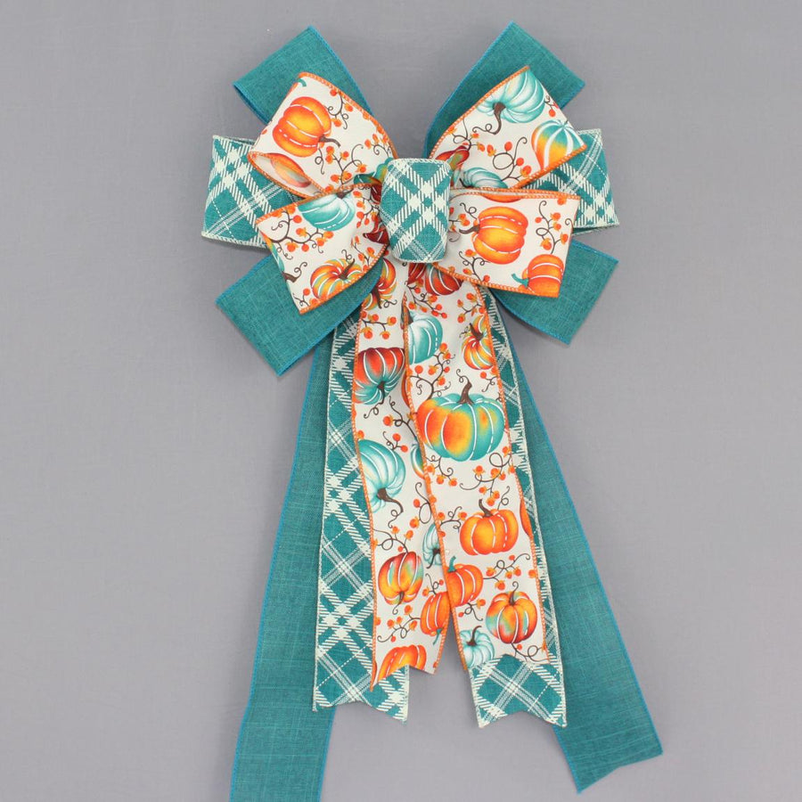 Teal Orange Pumpkins Fall Wreath Bow - Pumpkins Wreath Bow, Fall Wreath Bow, Fall Decorations, Thanksgiving Decor