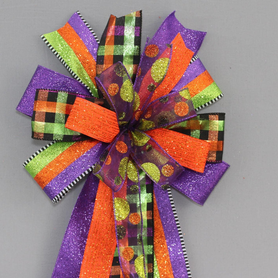 Halloween Metallic Sparkle Dot Plaid Wreath Bow - Halloween Wreath Bow, Frotn Door Wreath Bow