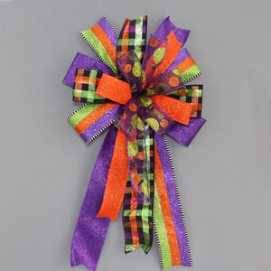 Halloween Metallic Sparkle Dot Plaid Wreath Bow - Halloween Wreath Bow, Frotn Door Wreath Bow