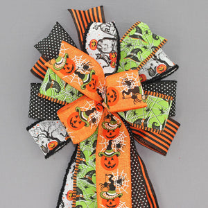 Halloween Graveyard Witch Hat Wreath Bow - Halloween Wreath Bow, Front Door Wreath Bow