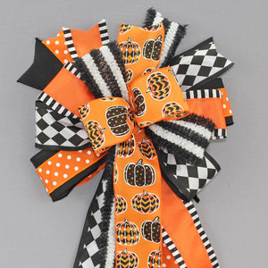 Halloween Deco Pumpkins Wreath Bow - Halloween Wreath Bow, Front Door Wreath Bow