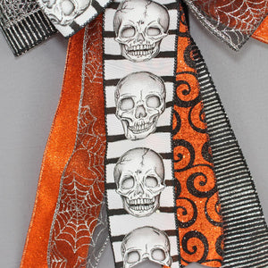 Halloween Skull Orange Sparkle Swirl Wreath Bow - Halloween Wreath Bow, Front Door Wreath Bow