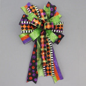 Sparkling Halloween Harlequin Wreath Bow - Halloween Wreath Bow, Front Door Wreath Bow