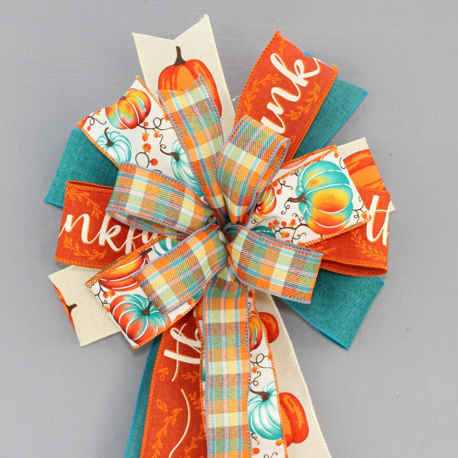 Teal Pumpkin Thankful Fall Wreath Bow - Fall Wreath Bow, Pumpkin Wreath Bow