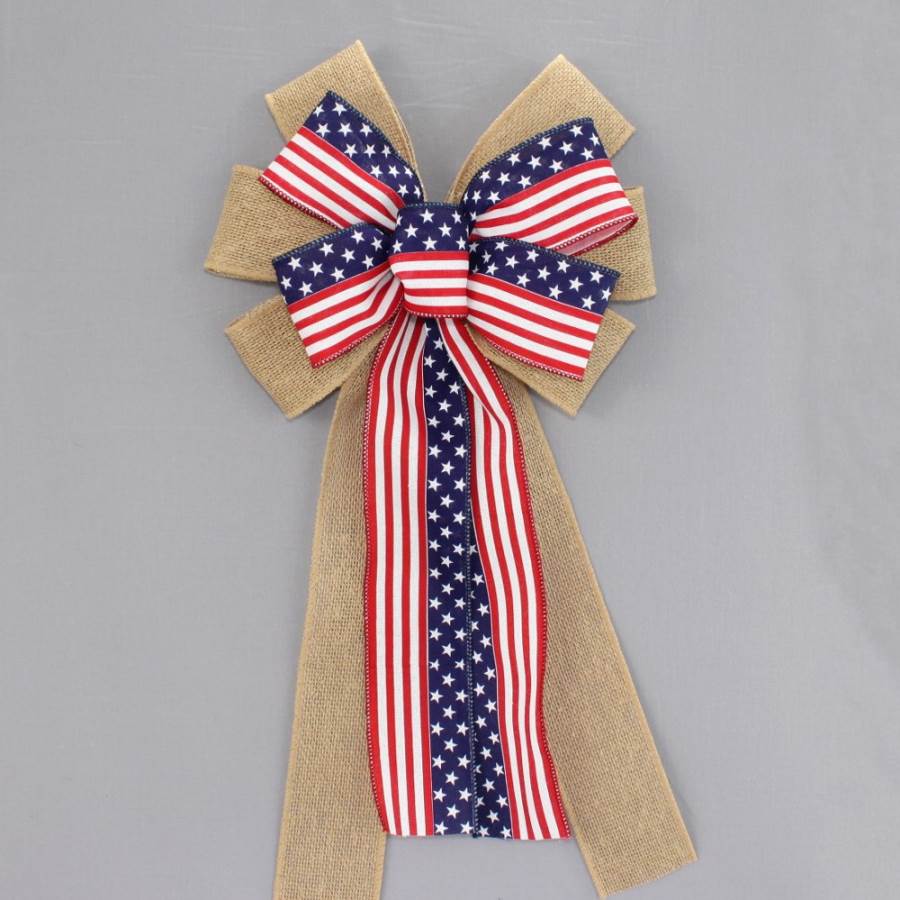 Decorative Bow Large Patriotic Burlap Bow Flax Star Strip - Temu