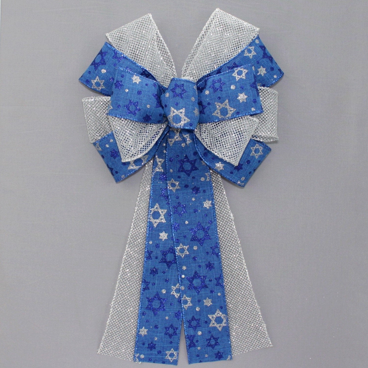 Handmade luxury wreath bow, French blue dupioni and blue gingham