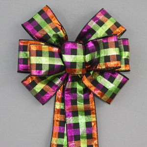 Halloween Metallic Plaid Wreath Bow - Halloween Decorations, Halloween Wreath Bow