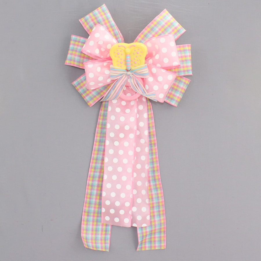 Butterfly Rattle Dot Plaid Baby Shower Bow - Baby Shower Bow, Baby Hospital Decoration, Baby Wreath Bow