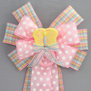 Butterfly Rattle Dot Plaid Baby Shower Bow - Baby Shower Bow, Baby Hospital Decoration, Baby Wreath Bow