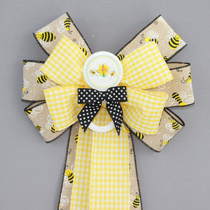 Happy Bees Gingham Baby Shower Bow - Baby Shower Bow, Baby Hospital Decoration, Baby Wreath Bow, Bumblebee Baby Shower