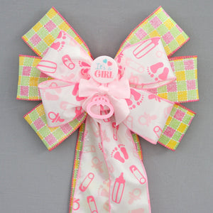 It's a Girl Rattle Yellow Pink Plaid Baby Shower Wreath Bow - Baby Girl Shower Bow, Baby Hospital Decoration, Baby Wreath Bow