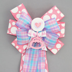 Heart Rattle Pink Dot Baby Shower Wreath Bow - Baby Girl Shower Bow, Baby Hospital Decoration, Baby Wreath Bow