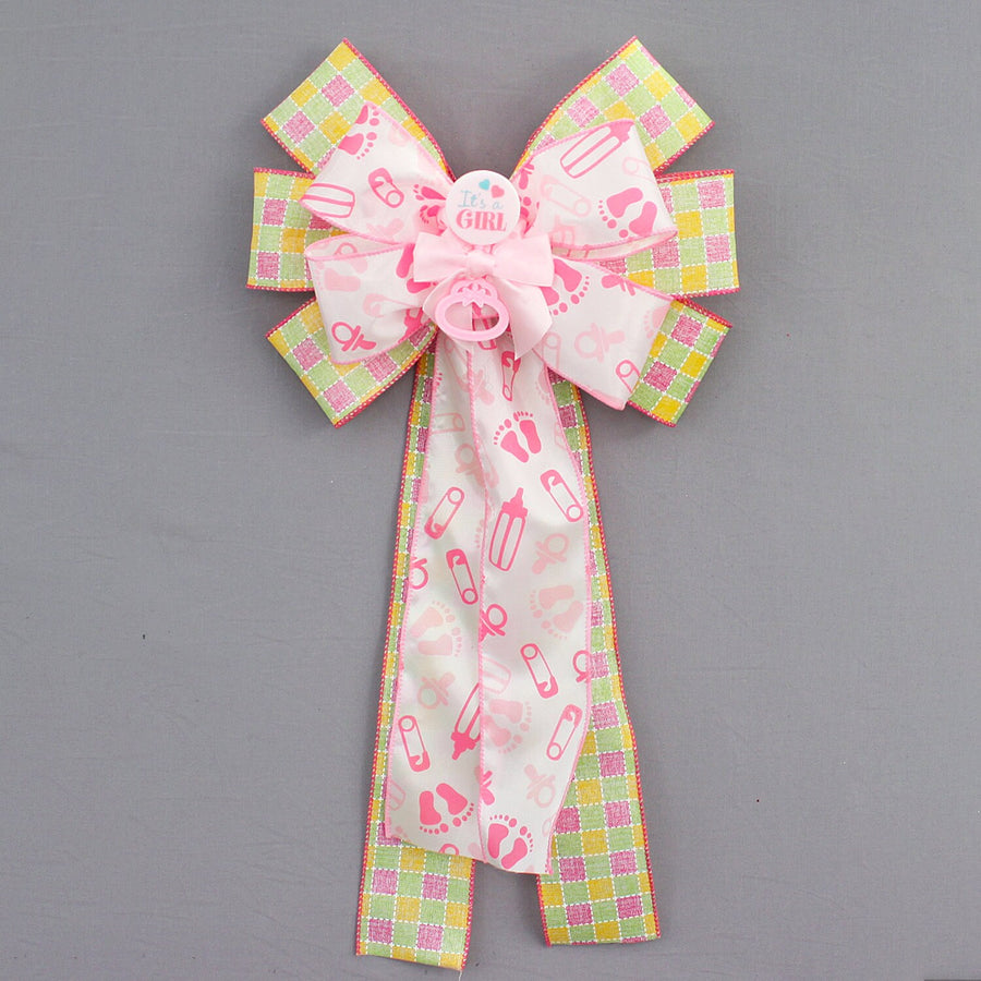 It's a Girl Rattle Yellow Pink Plaid Baby Shower Wreath Bow - Baby Girl Shower Bow, Baby Hospital Decoration, Baby Wreath Bow