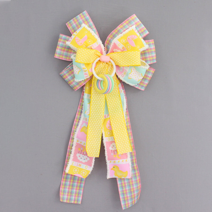 Baby Blocks Ring Rattle Gingham Baby Shower Wreath Bow- Baby Shower Bow, Baby Hospital Decoration, Baby Wreath Bow