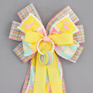 Baby Blocks Ring Rattle Gingham Baby Shower Wreath Bow- Baby Shower Bow, Baby Hospital Decoration, Baby Wreath Bow