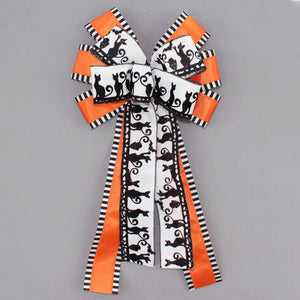 Halloween Cats Orange Black Handcrafted Wreath Bow - Halloween Decorations, Halloween Wreath Bow