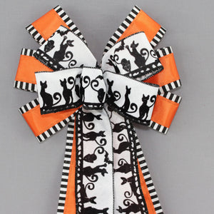 Halloween Cats Orange Black Handcrafted Wreath Bow - Halloween Decorations, Halloween Wreath Bow