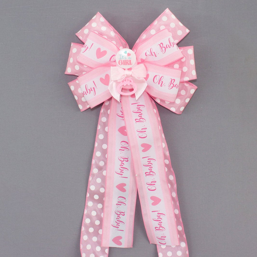 It's a Girl Pink Dot Rattle Baby Shower Bow - Baby Girl Shower Bow, Baby Hospital Decoration, Baby Wreath Bow