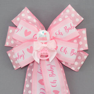 It's a Girl Pink Dot Rattle Baby Shower Bow - Baby Girl Shower Bow, Baby Hospital Decoration, Baby Wreath Bow